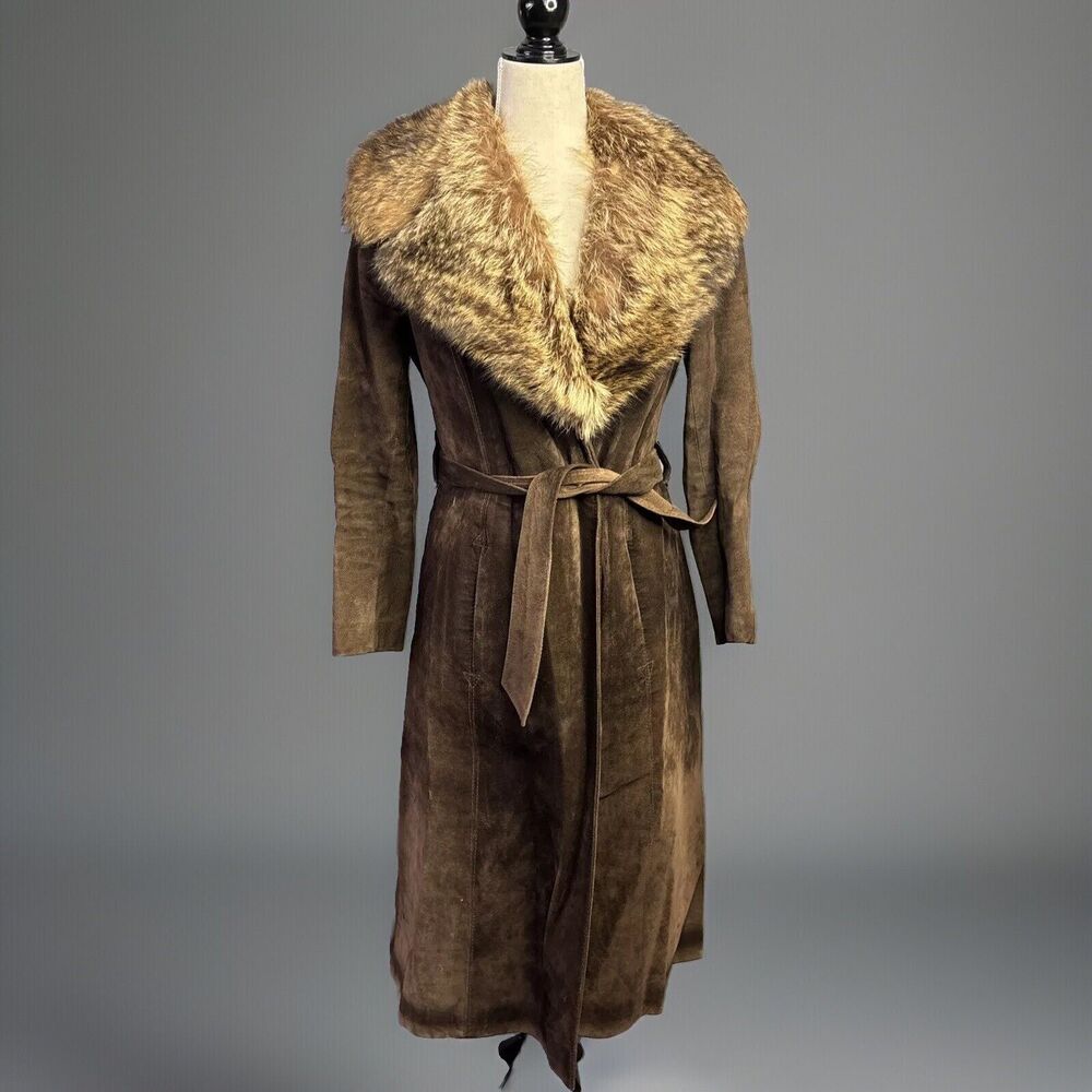 Vintage 70s Coat Penny Lane Suede Trench Wide Fur Collar Brown Belted S/M Saks